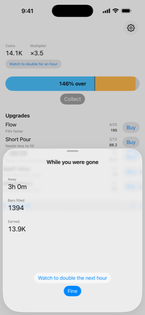 The offline report: how long you were away, how many bars filled, and what it earned.